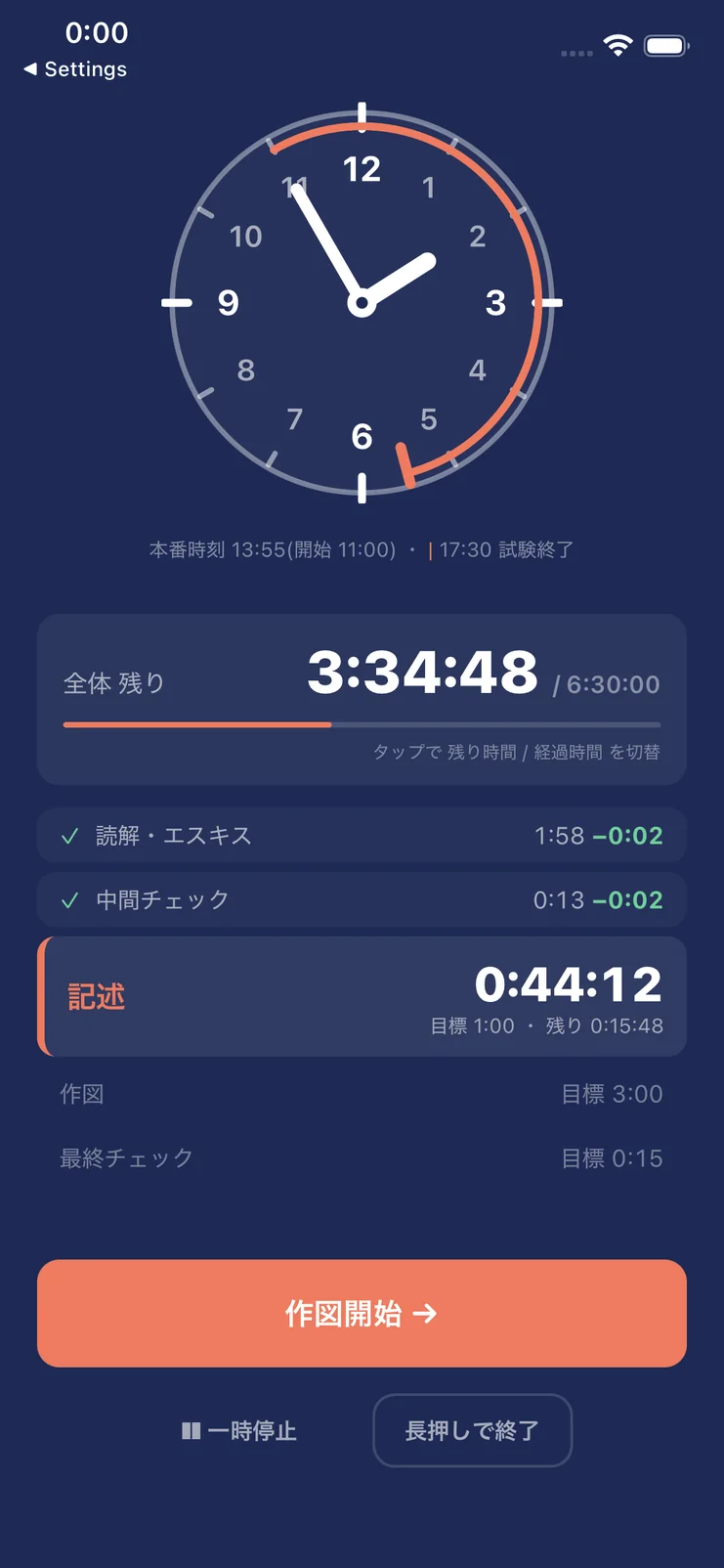 計測中の画面。本番時刻の時計と工程ごとの経過